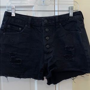 Black high-waisted distressed denim shorts